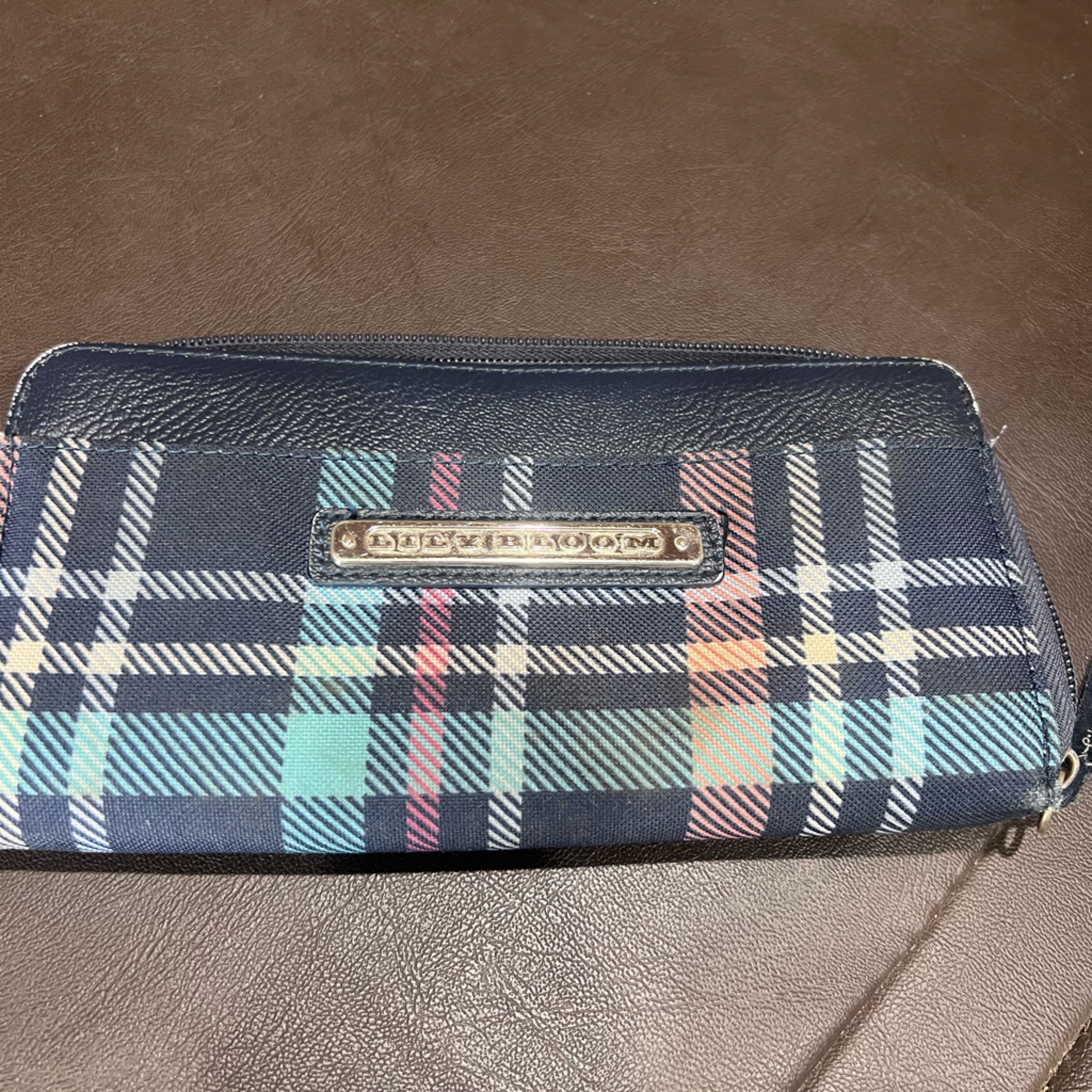 Lily Bloom Tartan Wallet With Navy And Coral Accents